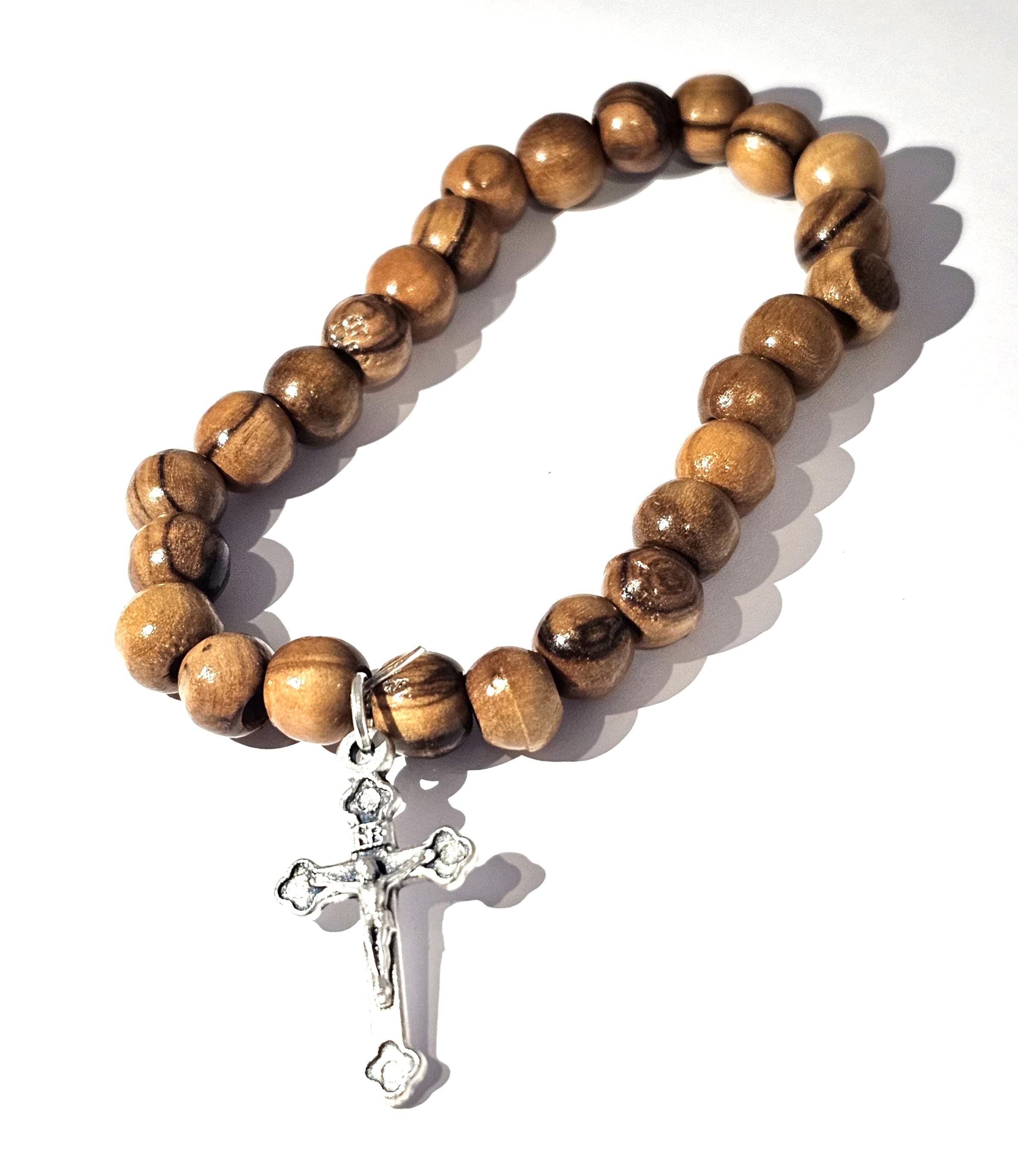 Handmade Olive Wood Beaded Bracelet with Cross – Bethlehem Holy Land