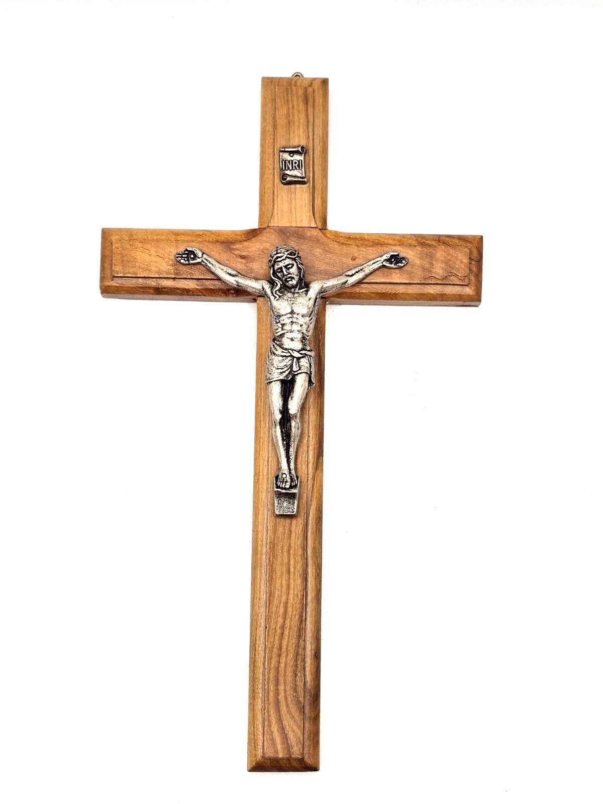 Handmade Olive Wood Crucifix with Metal Corpus – Bethlehem Wall Cross 20cm