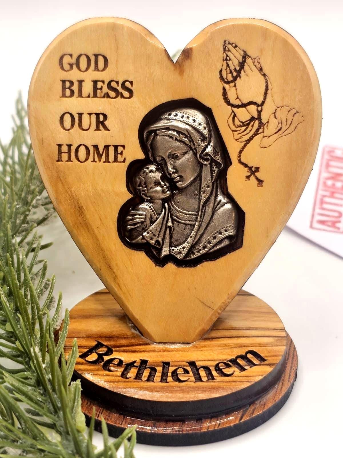 Handmade Olive Wood Heart – “God Bless Our Home”  from Bethlehem