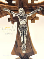 Handmade Olive Wood Crucifix with Stand – Silver Oxide Jesus Cross from Bethlehem