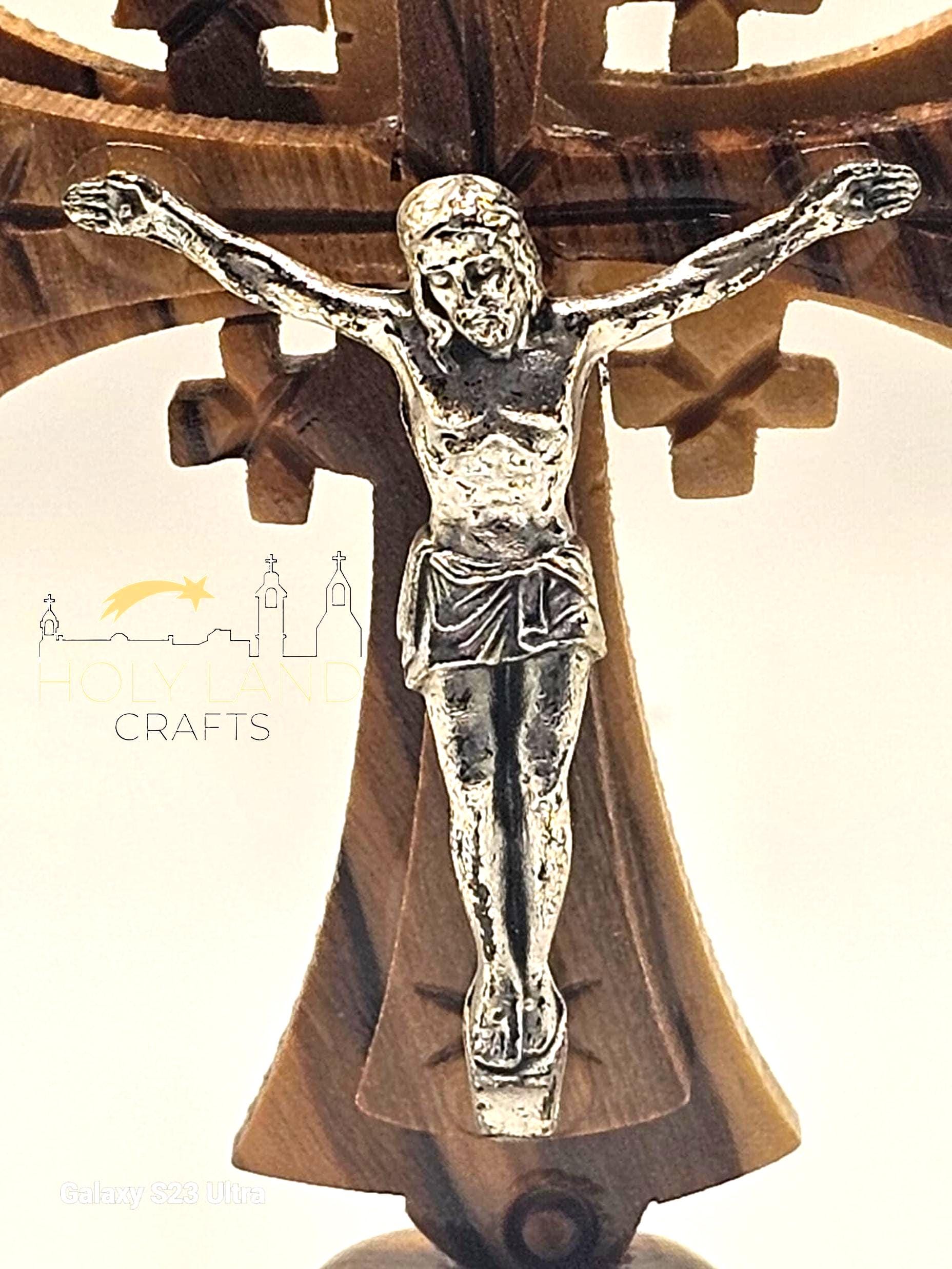 Handmade Olive Wood Crucifix with Stand – Silver Oxide Jesus Cross from Bethlehem