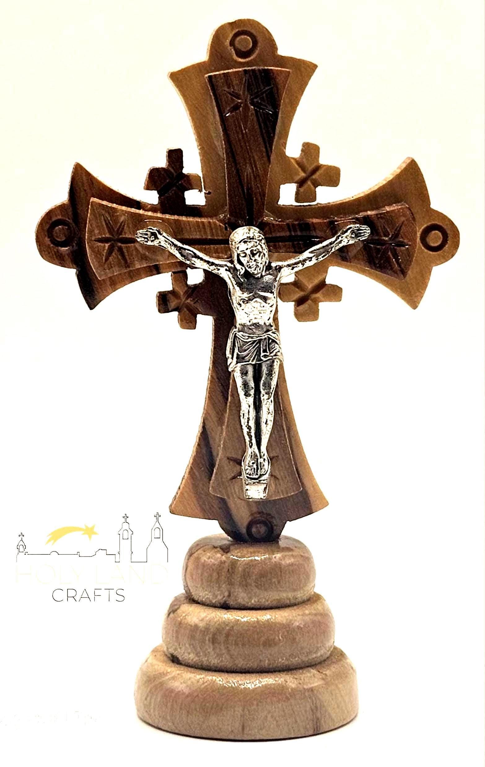 Handmade Olive Wood Crucifix with Stand – Silver Oxide Jesus Cross from Bethlehem