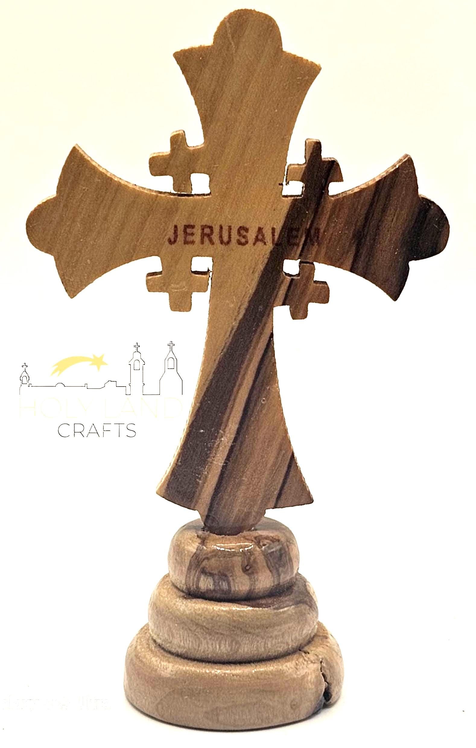 Handmade Olive Wood Crucifix with Stand – Silver Oxide Jesus Cross from Bethlehem