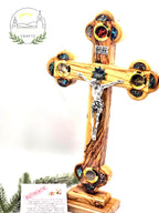 Handmade Olive Wood Crucifix – Mother of Pearl &amp; Star of Bethlehem With Base