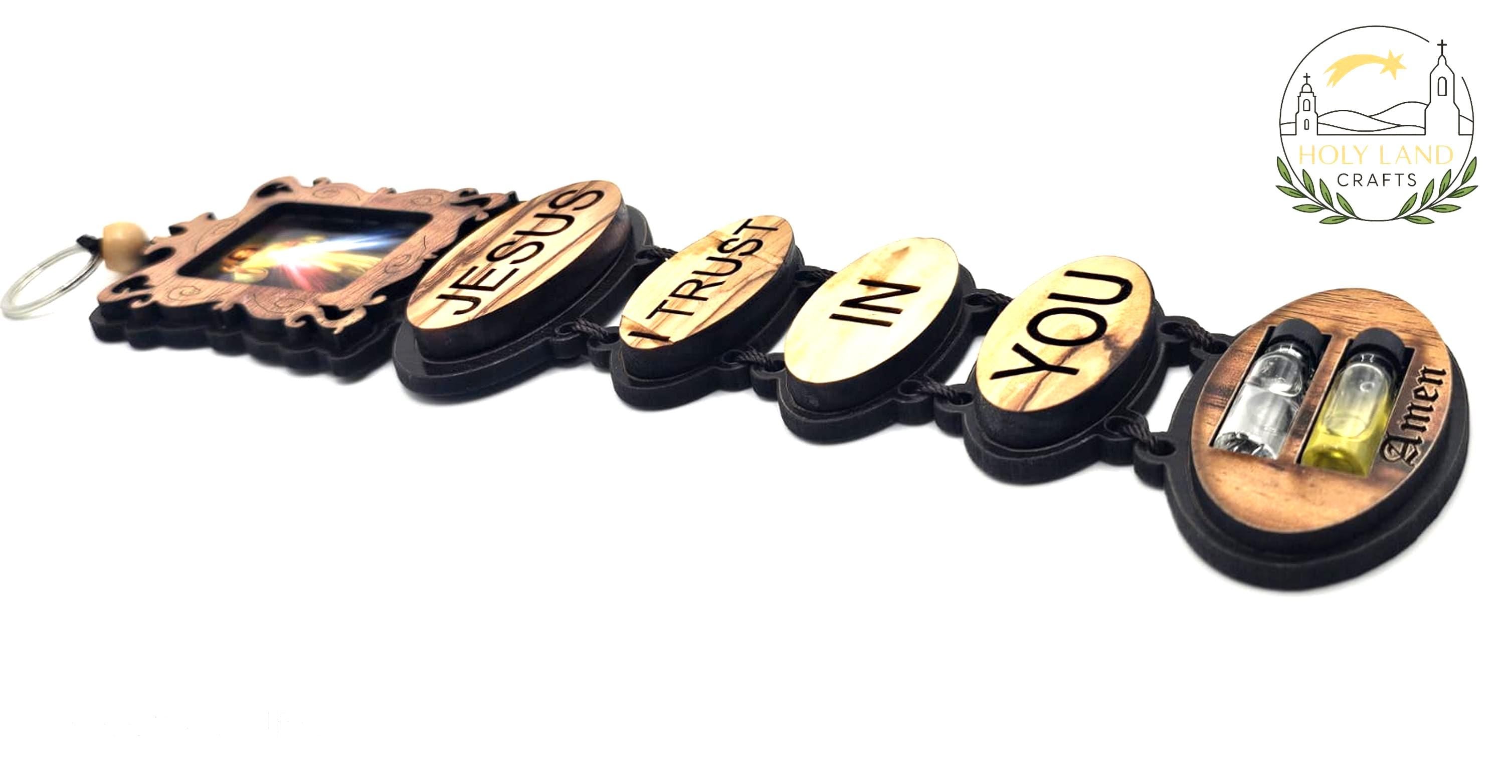 Handmade Olive Wood Wall Hanging – Jesus I Trust In You – Holy Water & Oil