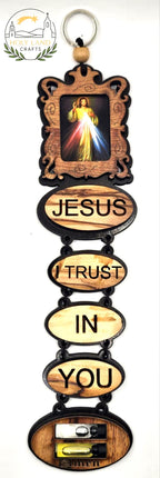 Handmade Olive Wood Wall Hanging – Jesus I Trust In You – Holy Water & Oil