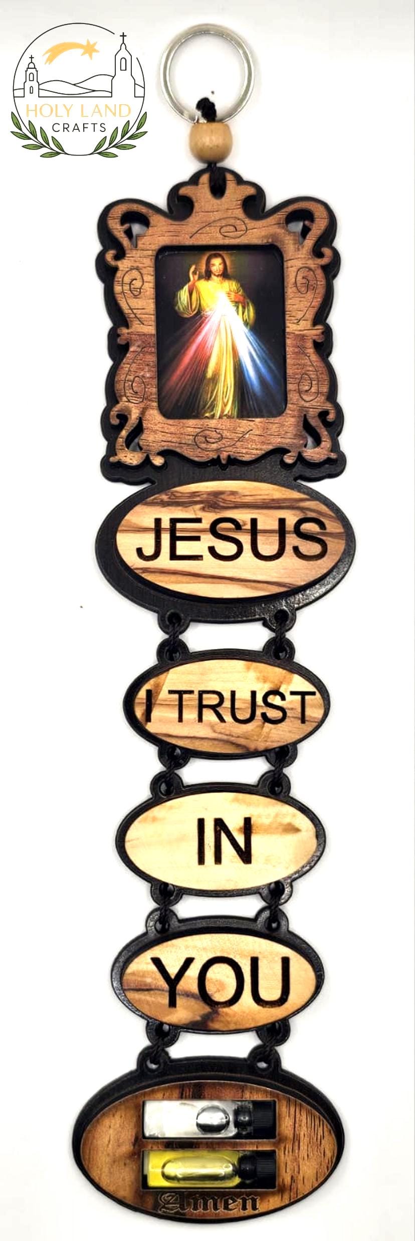 Handmade Olive Wood Wall Hanging – Jesus I Trust In You – Holy Water & Oil
