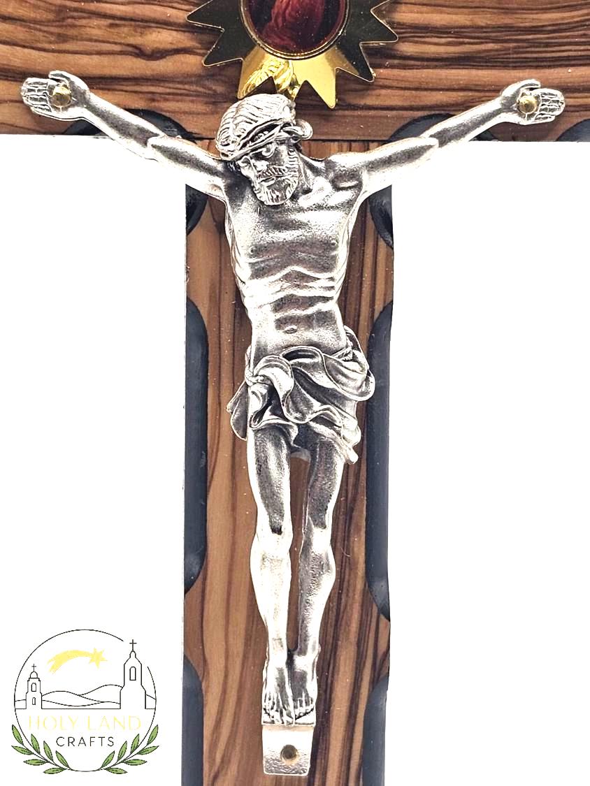 Handmade Olive Wood Crucifix with Black Frame & Holy Land Elements – 25cm