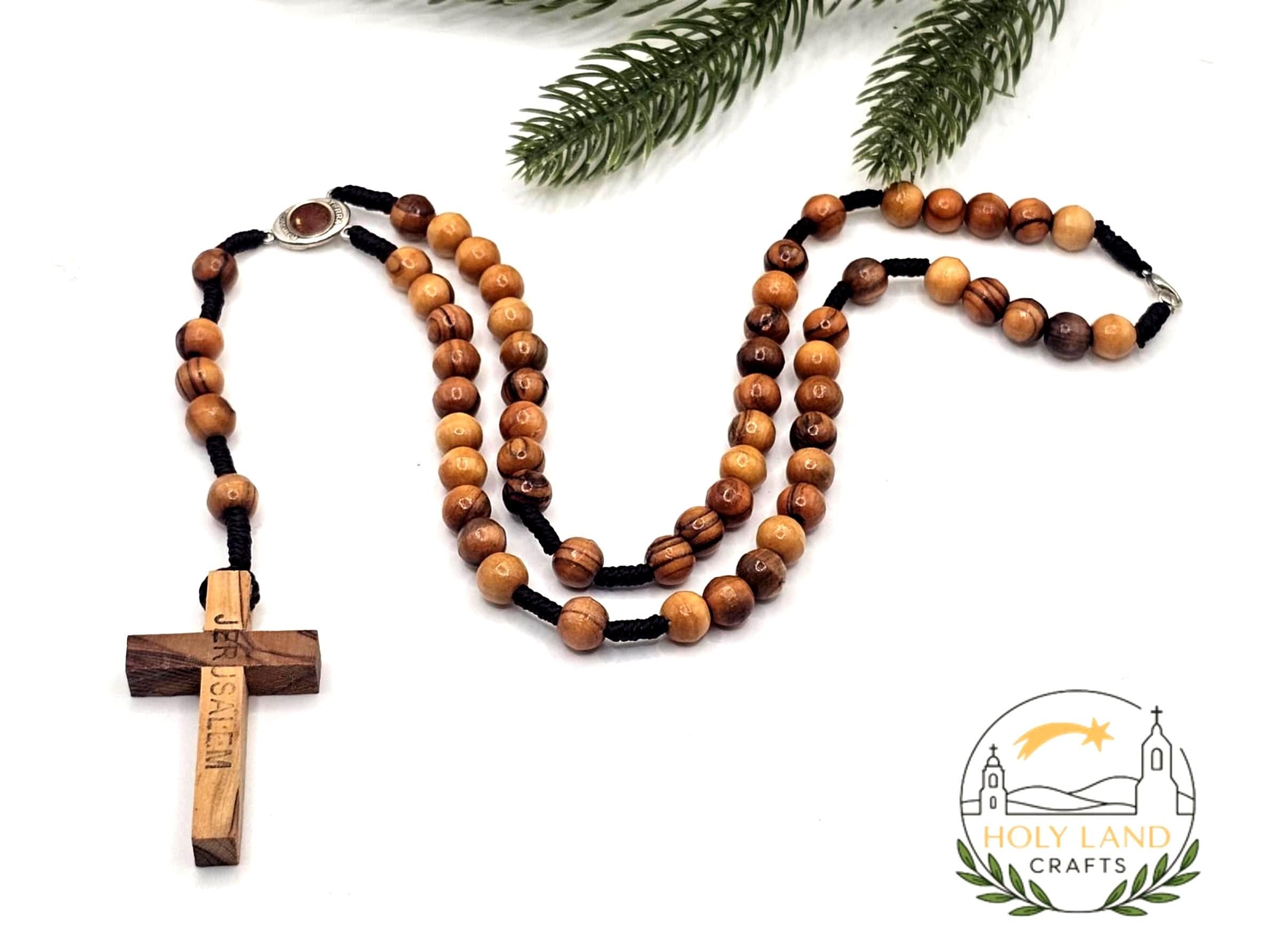 Handmade Olive Wood Rosary with Holy Soil – Jerusalem Cross from Bethlehem
