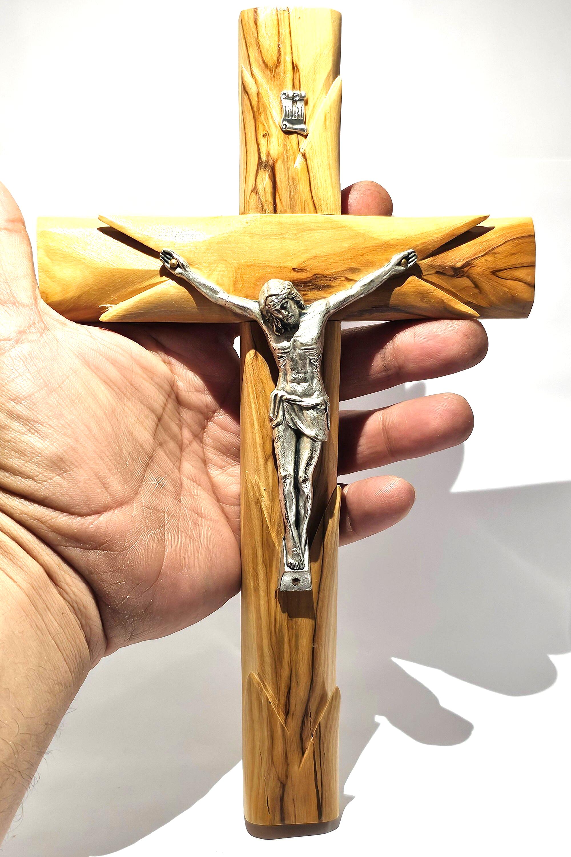 Handmade Olive Wood Wall Cross with Silver Corpus – Bethlehem Crucifix (25cm)