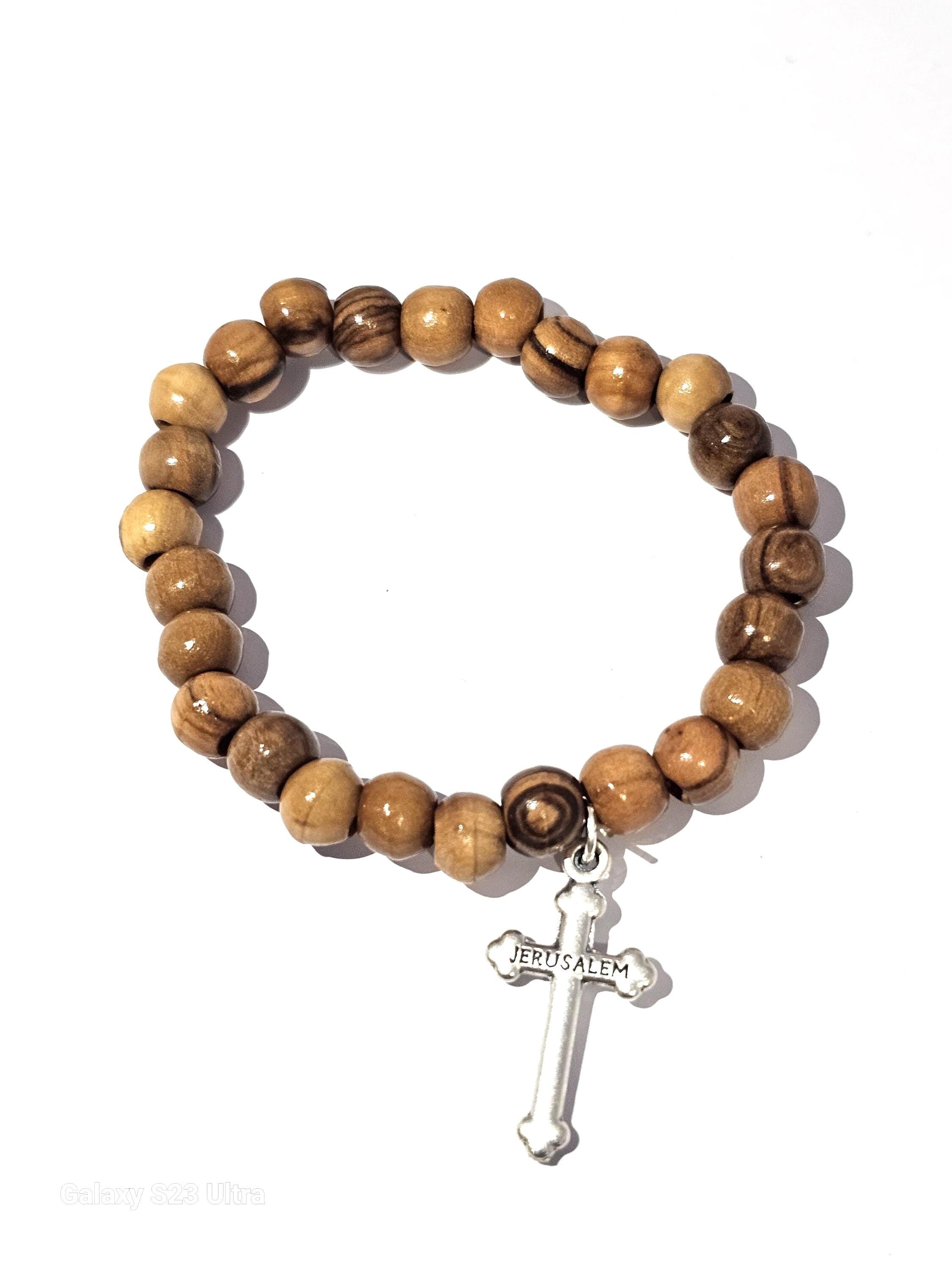 Handmade Olive Wood Beaded Bracelet with Cross – Bethlehem Holy Land