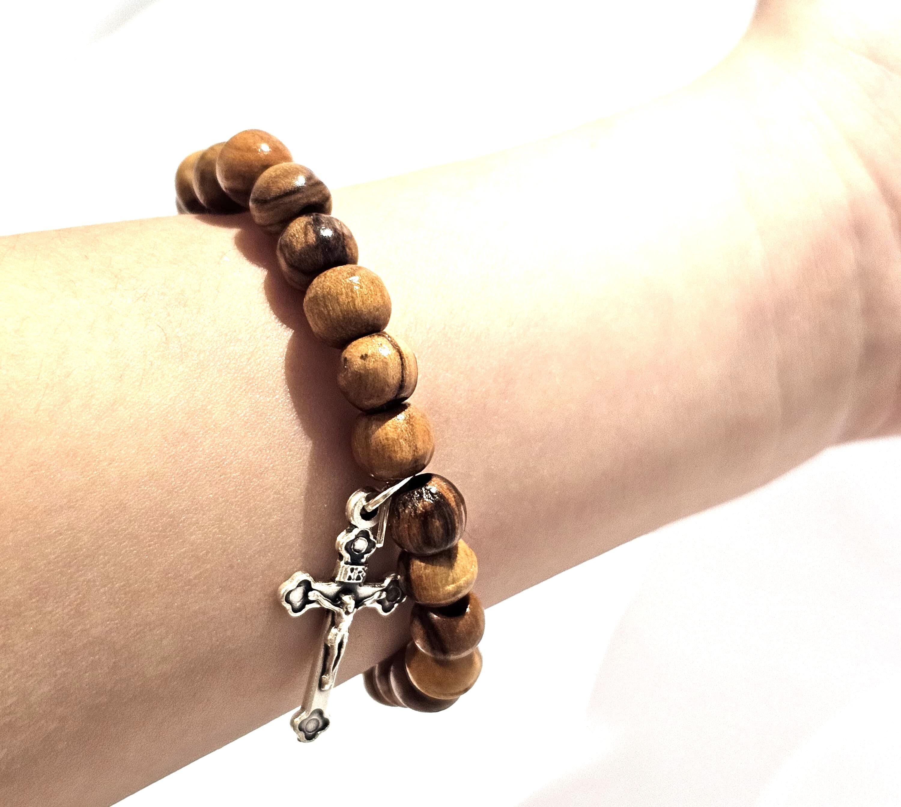 Handmade Olive Wood Beaded Bracelet with Cross – Bethlehem Holy Land