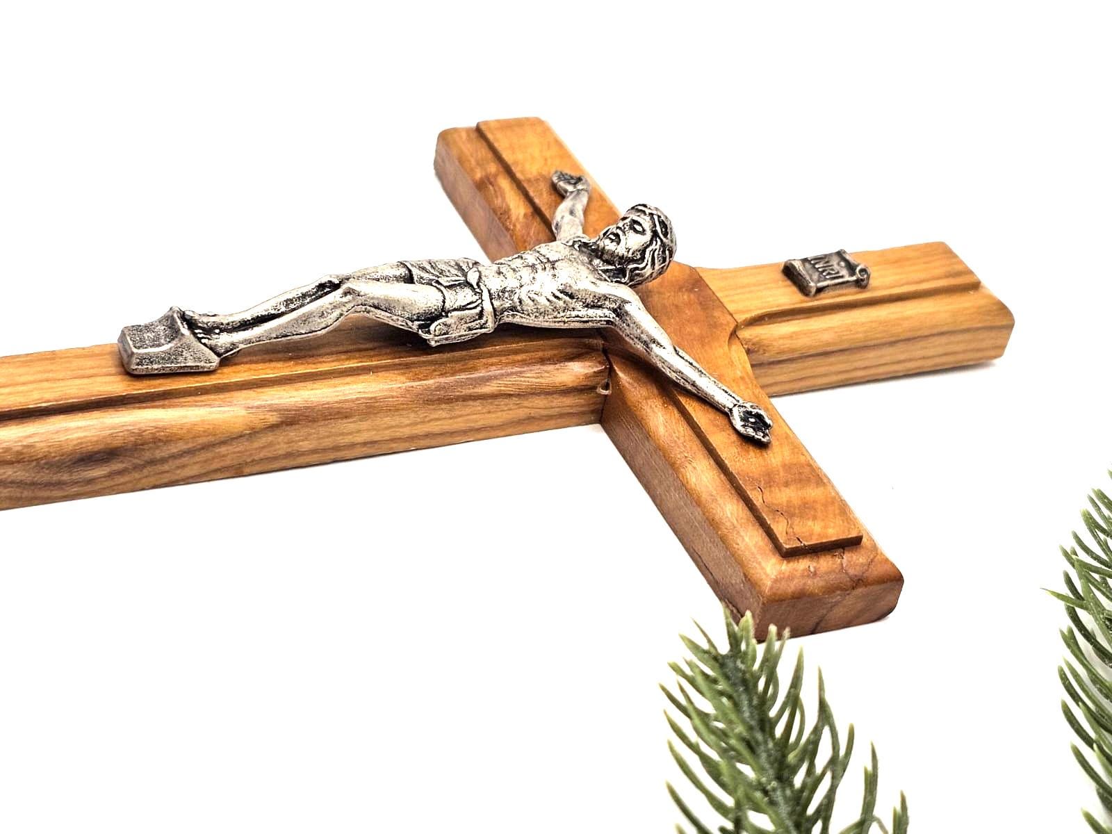 Handmade Olive Wood Crucifix with Metal Corpus – Bethlehem Wall Cross 20cm