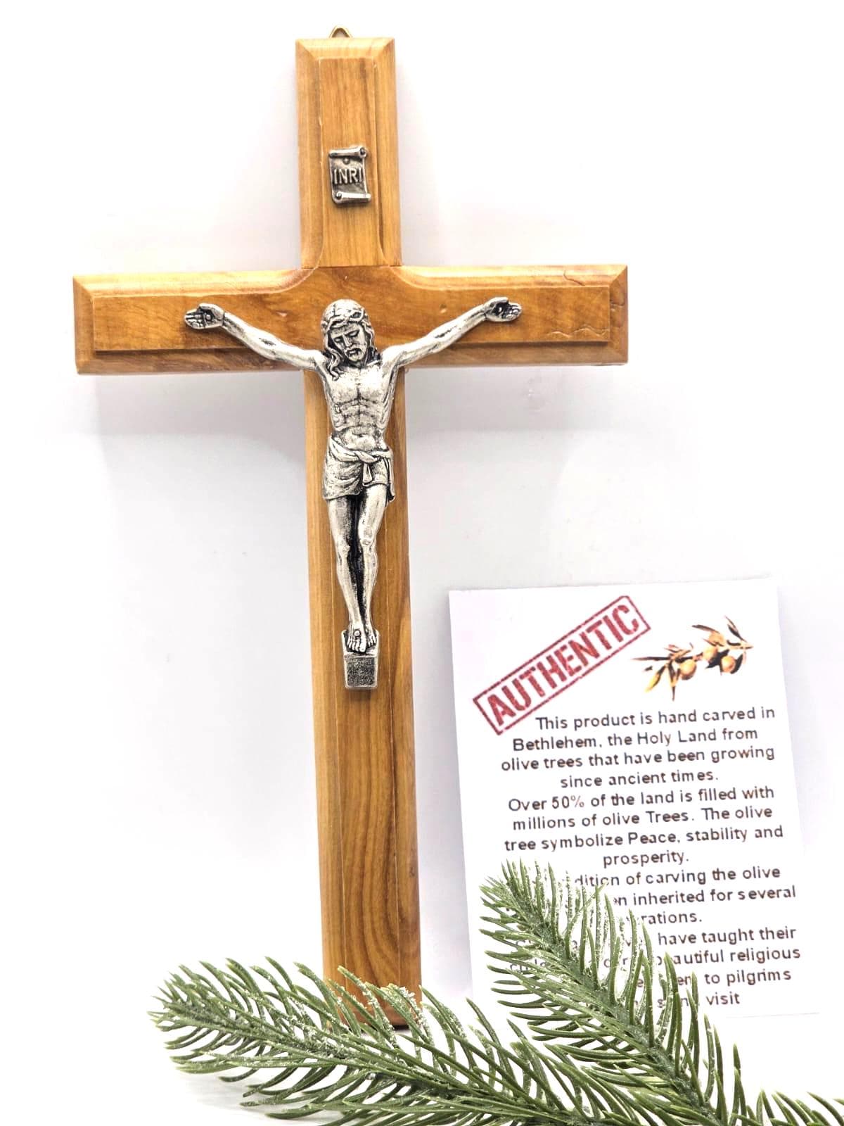 Handmade Olive Wood Crucifix with Metal Corpus – Bethlehem Wall Cross 20cm