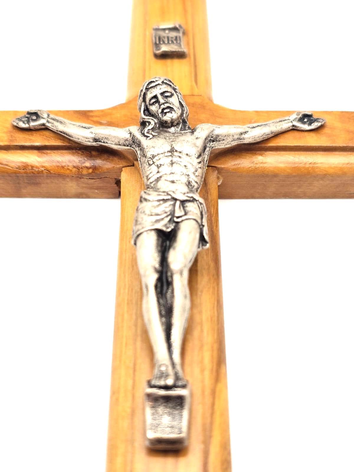 Handmade Olive Wood Crucifix with Metal Corpus – Bethlehem Wall Cross 20cm