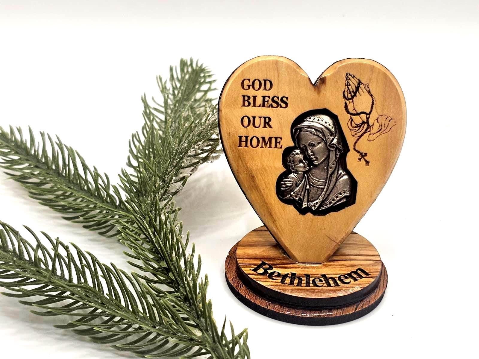 Handmade Olive Wood Heart – “God Bless Our Home”  from Bethlehem