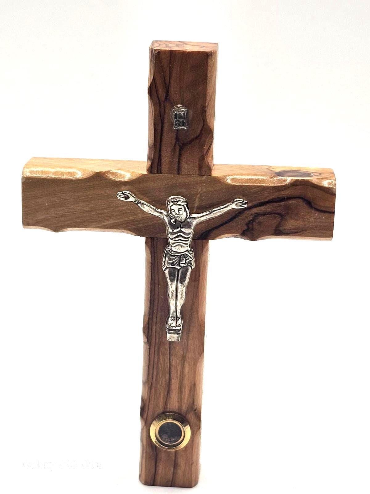 Handmade Olive Wood Cross with Jesus Crucifix & Jerusalem Soil – Bethlehem Wall Cross (12cm)