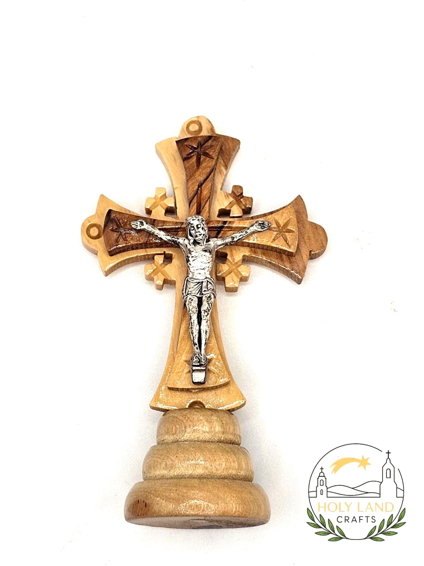 Handmade Olive Wood Crucifix with Stand – Silver Oxide Jesus Cross from Bethlehem