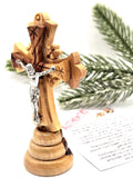 Handmade Olive Wood Crucifix with Stand – Silver Oxide Jesus Cross from Bethlehem
