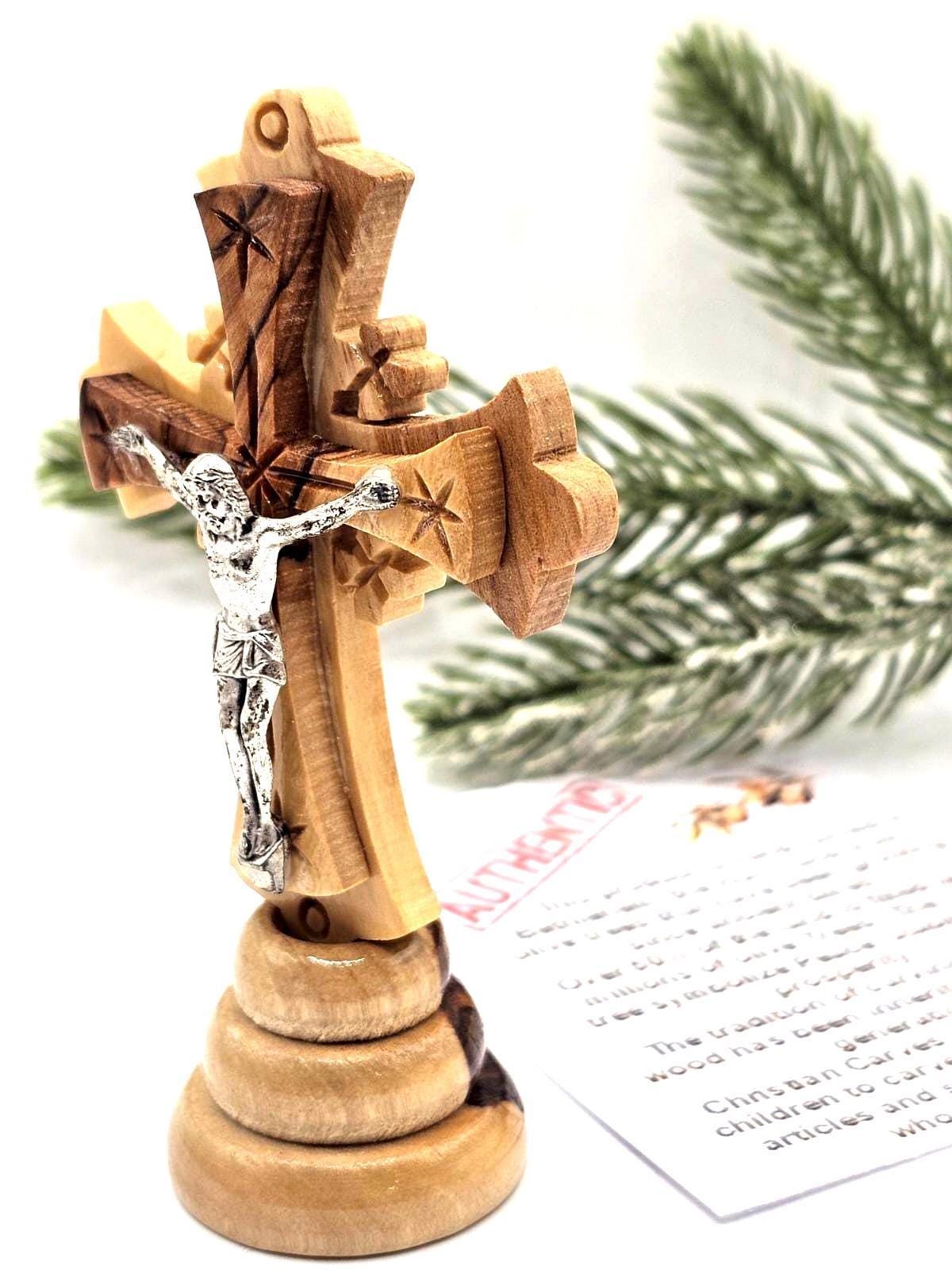 Handmade Olive Wood Crucifix with Stand – Silver Oxide Jesus Cross from Bethlehem
