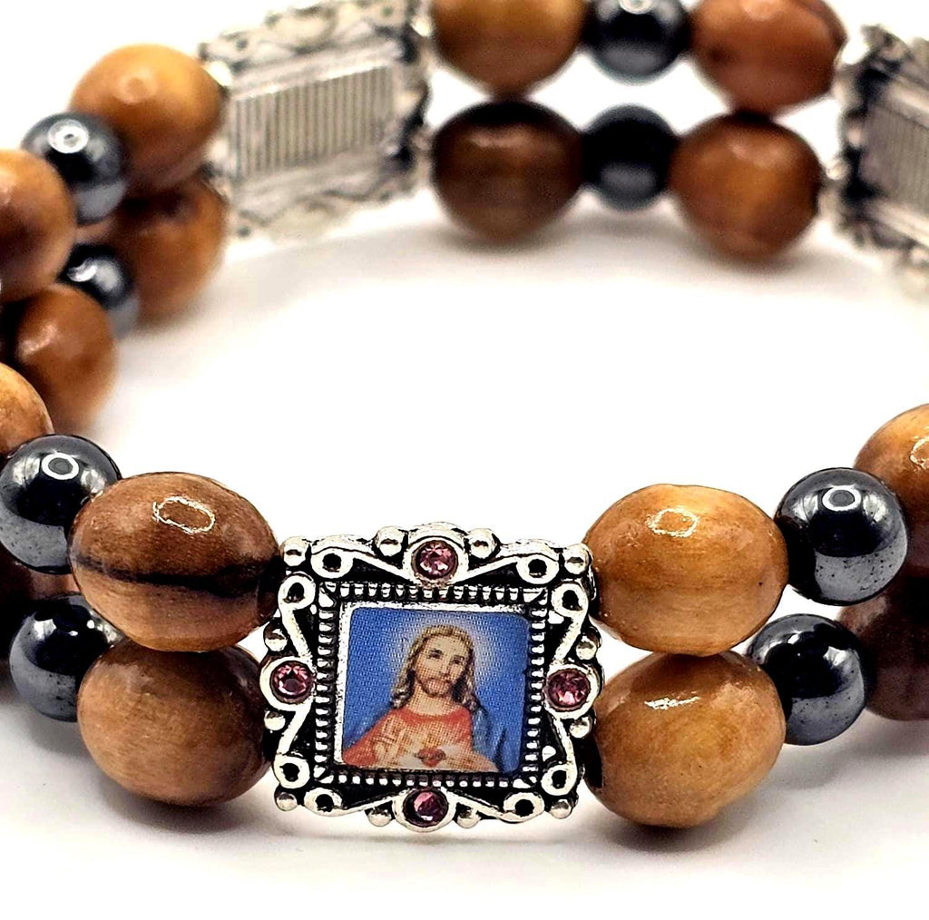 Handmade Olive Wood Bracelet with 5 Holy Icons – Bethlehem Prayer Beads