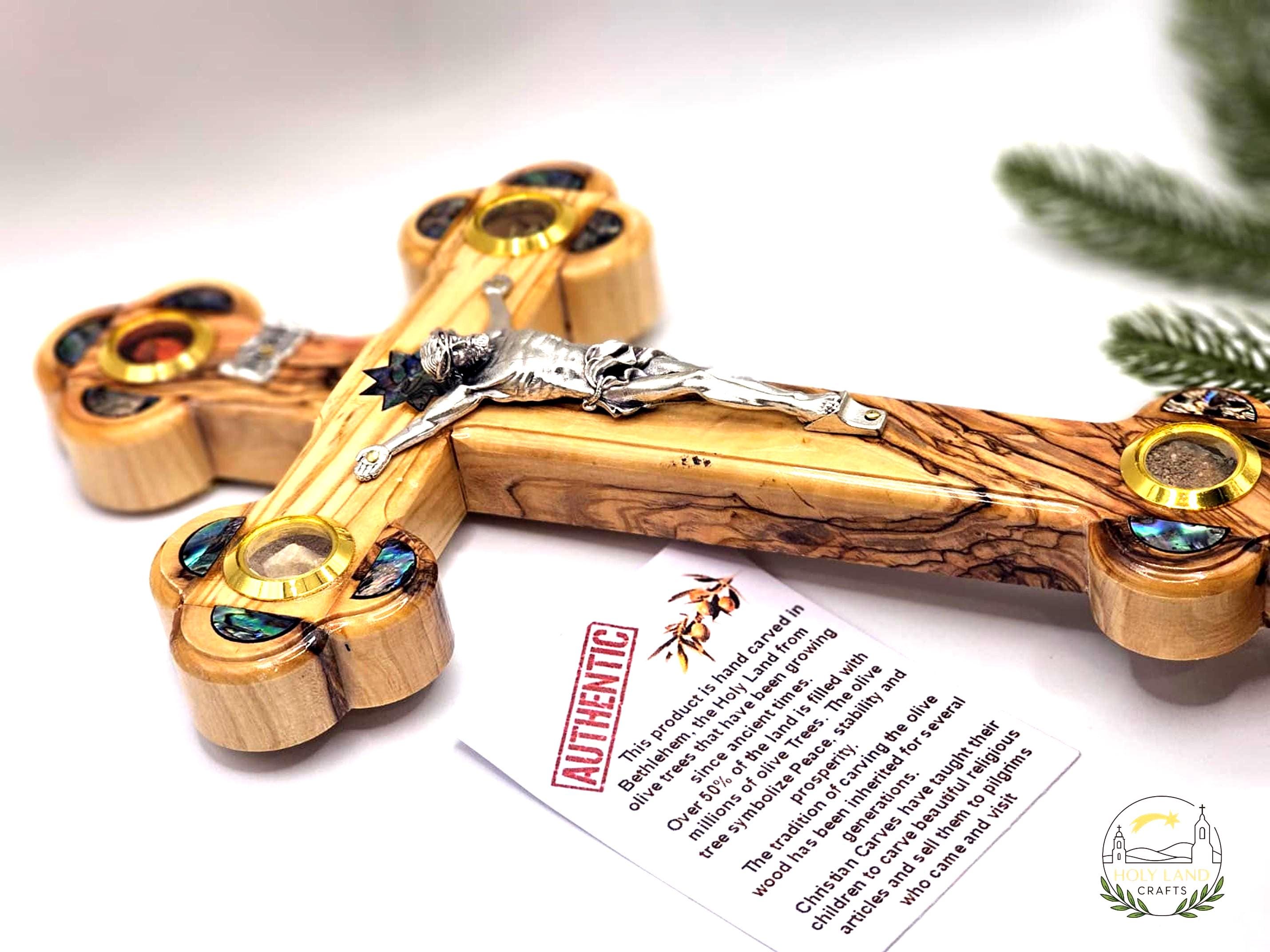 Handmade Olive Wood Crucifix – Mother of Pearl &amp; Star of Bethlehem With Base