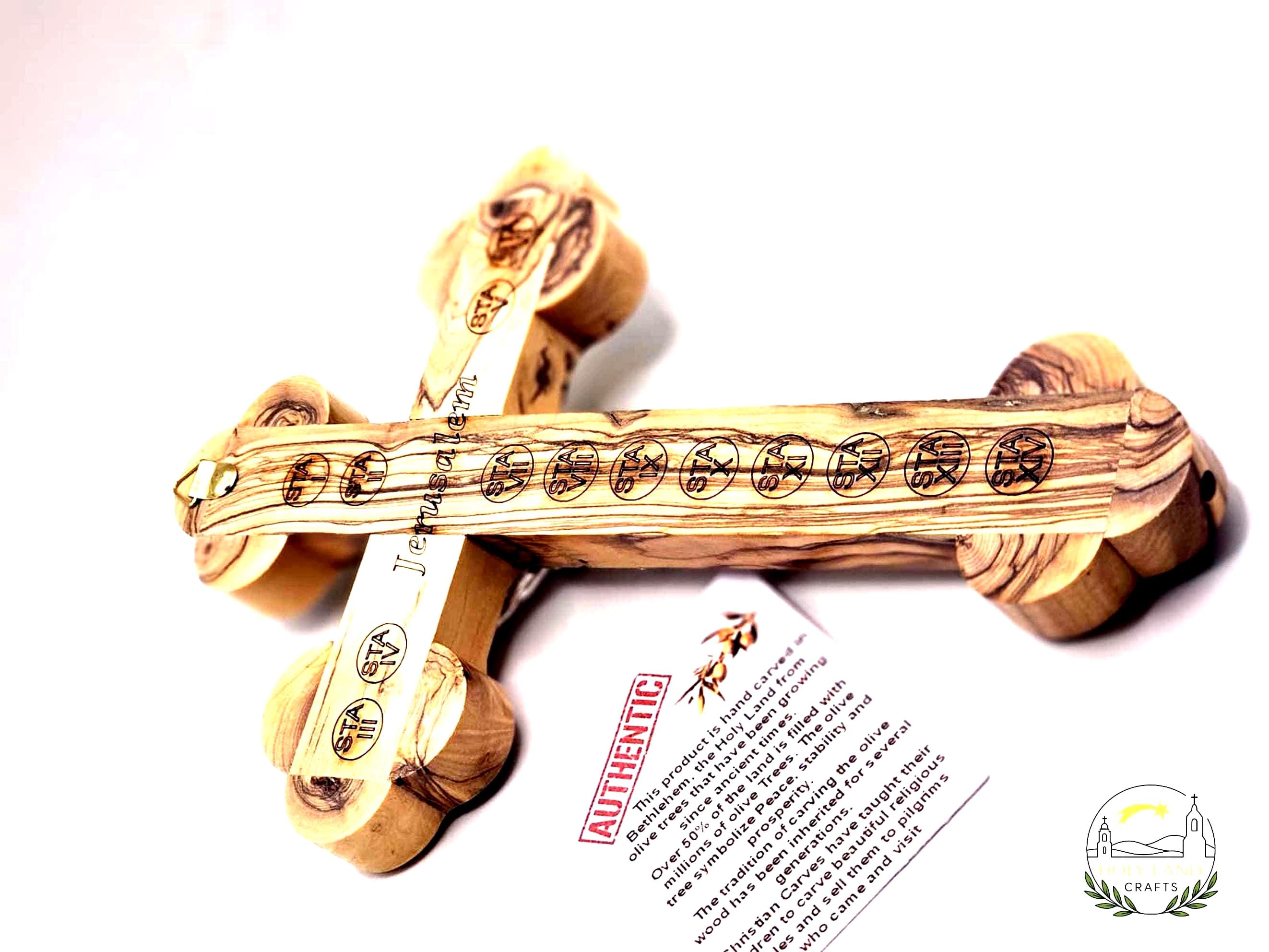 Handmade Olive Wood Crucifix – Mother of Pearl &amp; Star of Bethlehem With Base