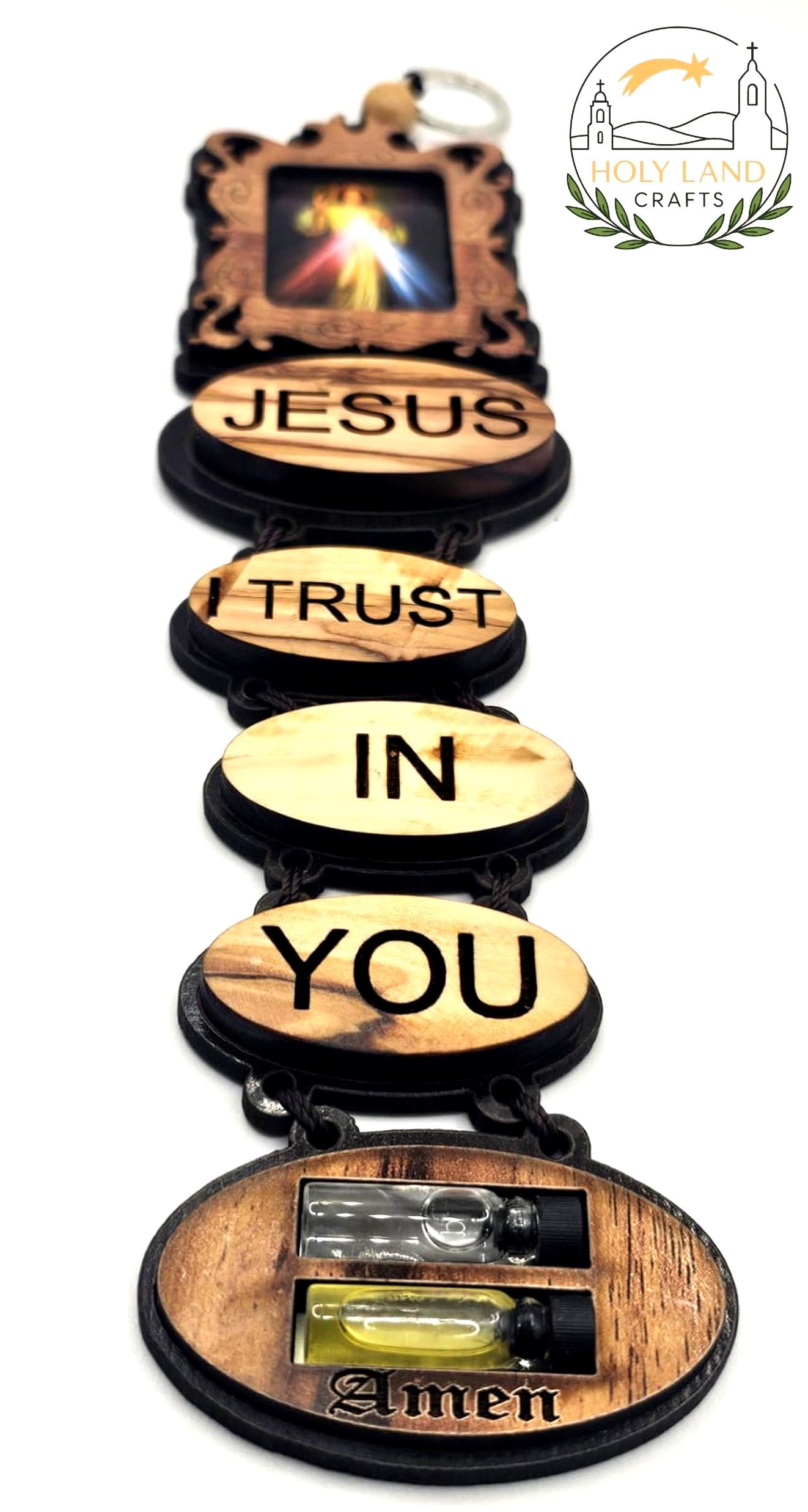 Handmade Olive Wood Wall Hanging – Jesus I Trust In You – Holy Water & Oil