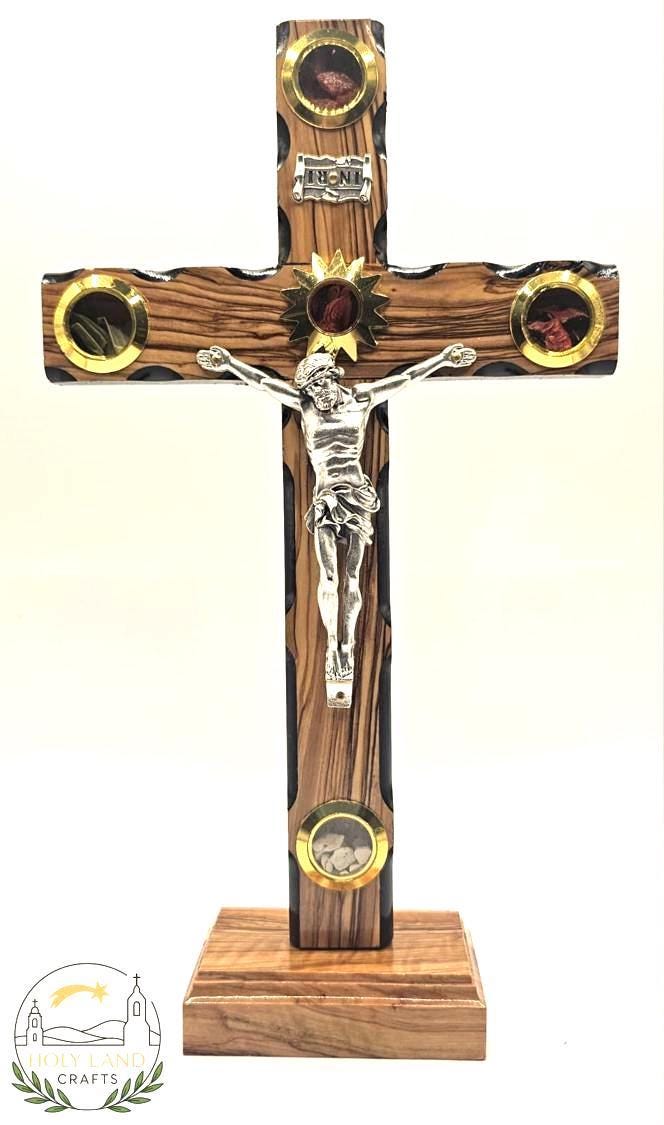 Handmade Olive Wood Crucifix with Black Frame & Holy Land Elements – 25cm