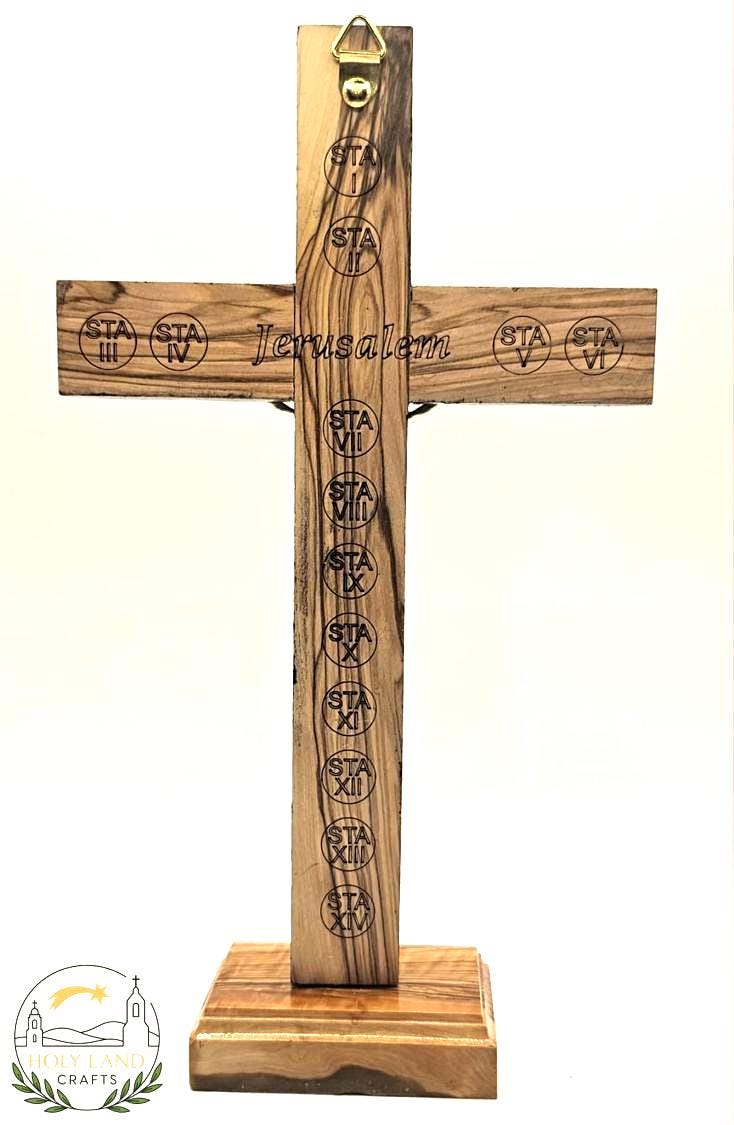 Handmade Olive Wood Crucifix with Black Frame & Holy Land Elements – 25cm