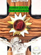 Handmade Olive Wood Crucifix with Black Frame & Holy Land Elements – 25cm