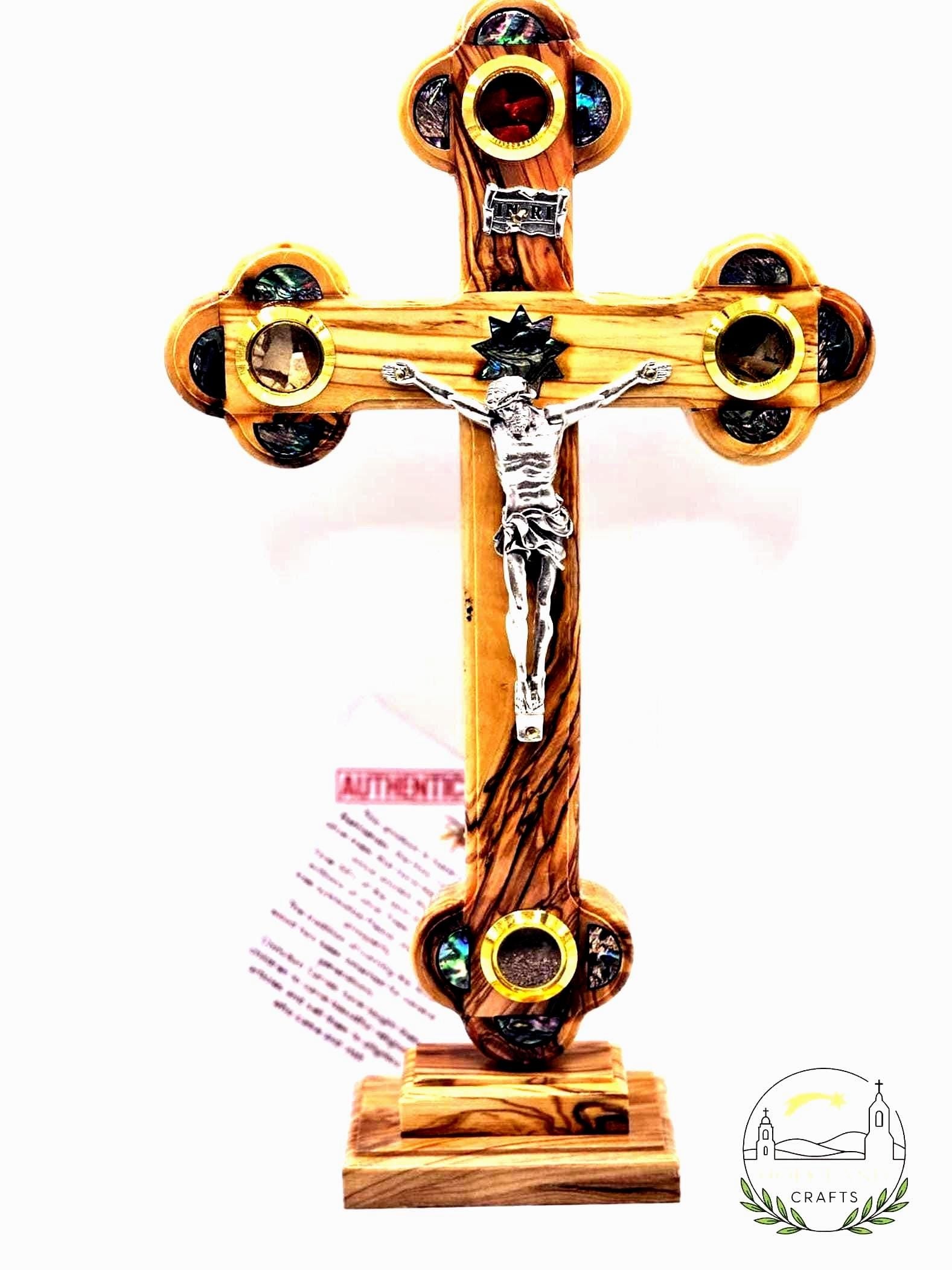 Handmade Olive Wood Crucifix – Mother of Pearl &amp; Star of Bethlehem With Base