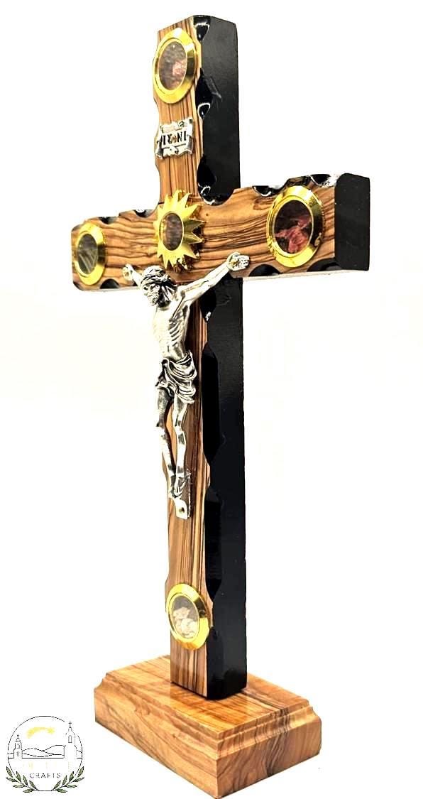 Handmade Olive Wood Crucifix with Black Frame & Holy Land Elements – 25cm