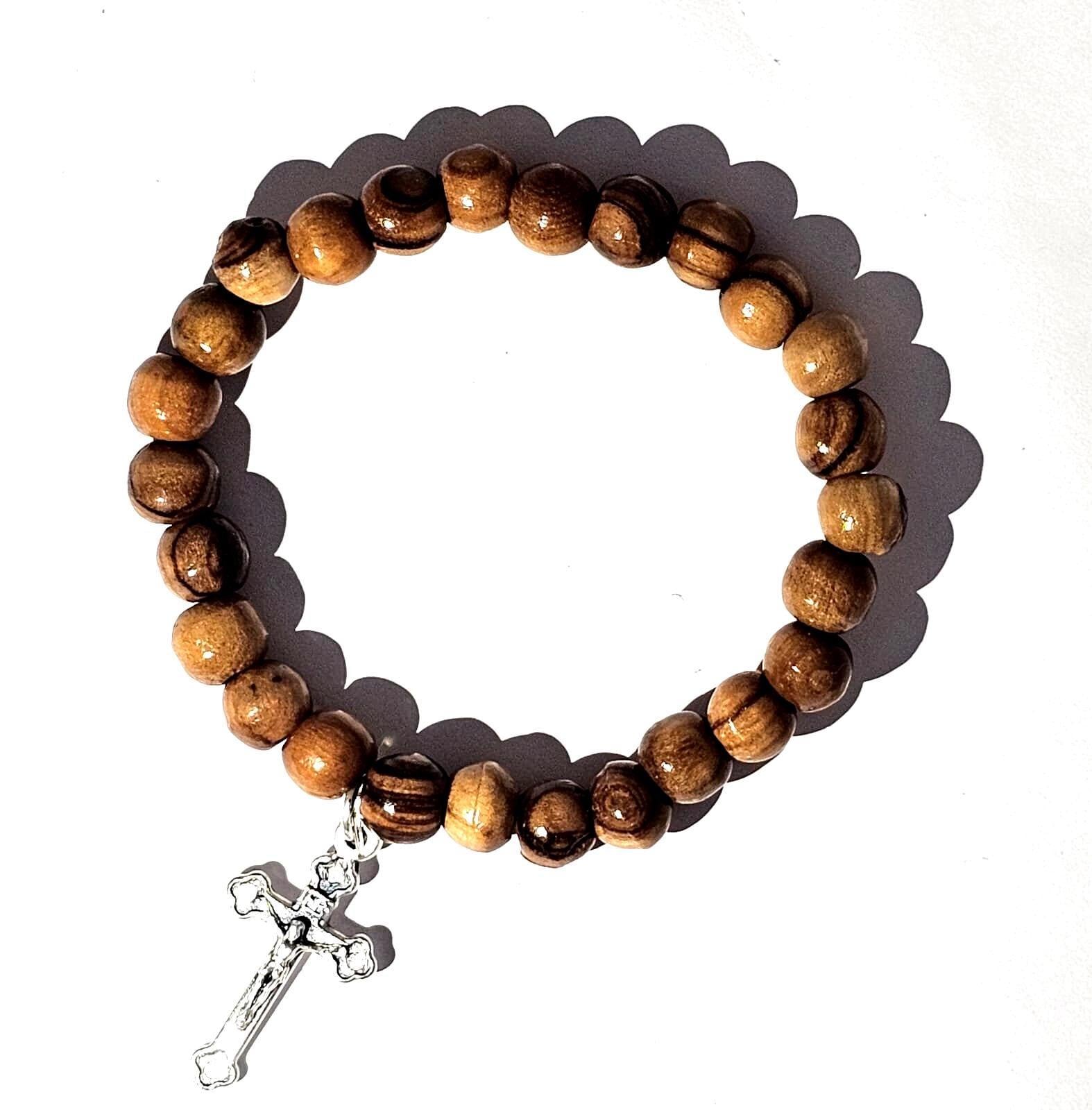 Handmade Olive Wood Beaded Bracelet with Cross – Bethlehem Holy Land